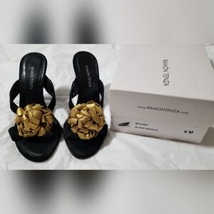 Ramon Tenza Black/Gold Wedge Sandals Slides 6 B